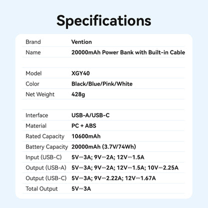 <tc>Vention</tc> Batería externa de 20000 mAh (USB-C + USB-A) con cable integrado de 22,5 W