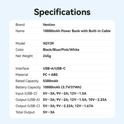 Vention 10000mAh Power Bank (USB-C + USB-A) with Built-in Cable 22.5W LED Display Type