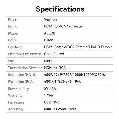 <tc>Vention</tc> Convertisseur HDMI vers RCA en métal noir