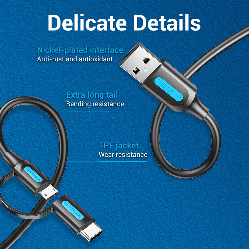 Vention USB 2.0 A Male to 2-in-1 Micro-B&USB-C Male 3A Cable