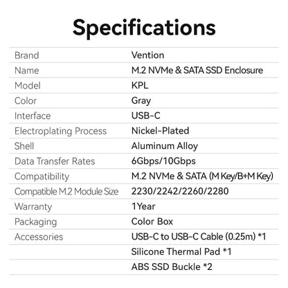 <tc>Vention</tc> M.2 NVMe &amp; SATA SSD 硬盘盒 (USB 3.2 Gen 2-C) 带散热片 灰色铝合金材质