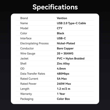 Vention USB 2.0 C Male to C Male 5A Cable