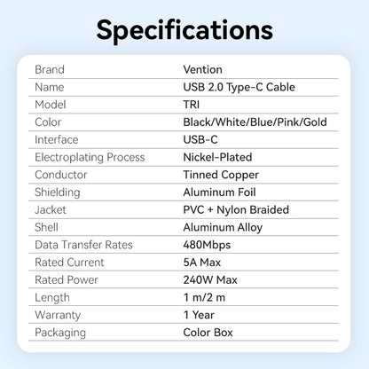 Vention USB 2.0 Type-C Male to Type-C Male 5A Cable  Aluminum Alloy Type