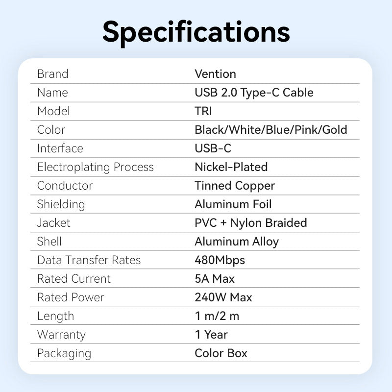 Vention USB 2.0 Type-C Male to Type-C Male 5A Cable  Aluminum Alloy Type