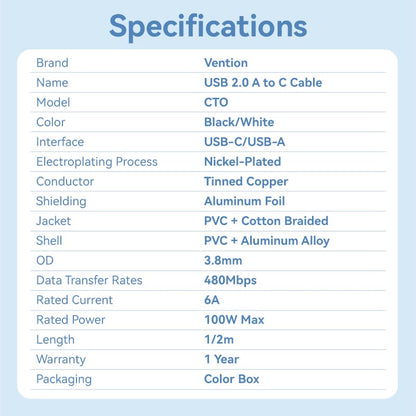 Vention USB 2.0 A Male to C Male 6A Cable Aluminum Alloy Type