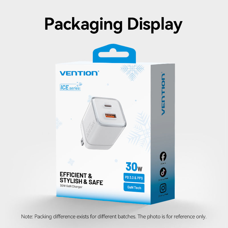 <tc>Vention</tc> Cargador GaN de 2 puertos USB (C + A) (30 W/30 W) con enchufe estadounidense