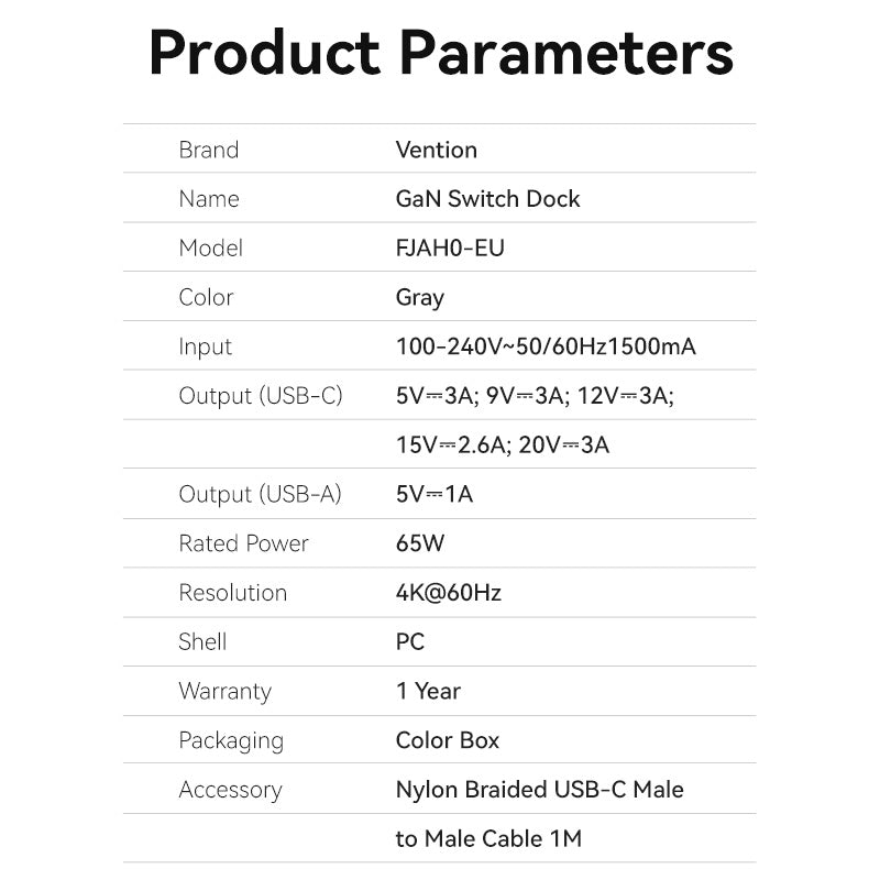 Vention 3-Port USB (C+A)+HDMI GaN Switch Dock (60W/5W/4K@60Hz) EU-Plug