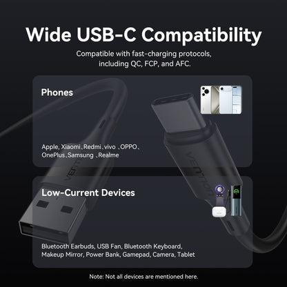 <tc>Vention</tc> Cable USB 2.0 tipo A macho a C macho 3A de 0,25 m, PVC negro.