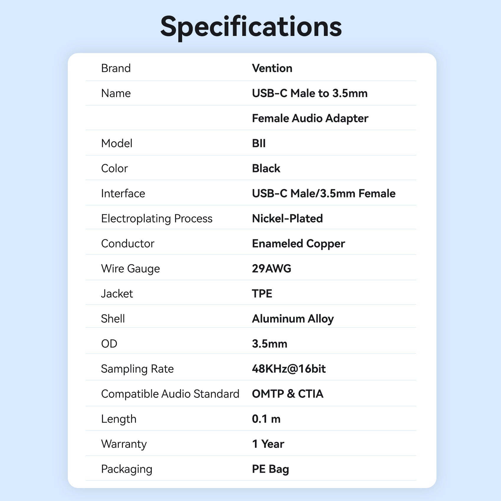 Vention USB-C Male to 3.5mm Female Audio Adapter