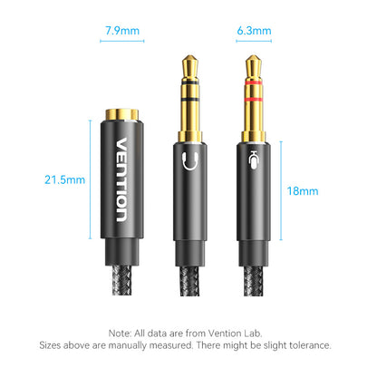 Vention Cotton Braided Dual 3.5mm TRS Male to 3.5mm Female Audio Cable 0.3M Black Aluminum Alloy Headphone Type (OMTP/CTIA)