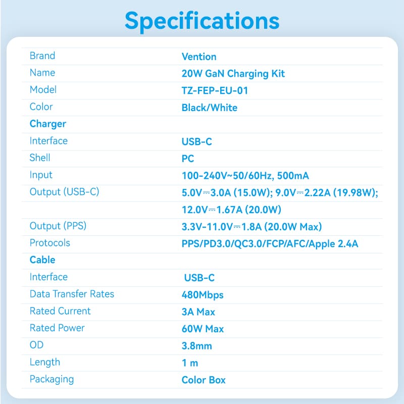 Vention 1-Port USB-C GaN Charger 20W with USB-C to USB-C Cable 1M EU-Plug