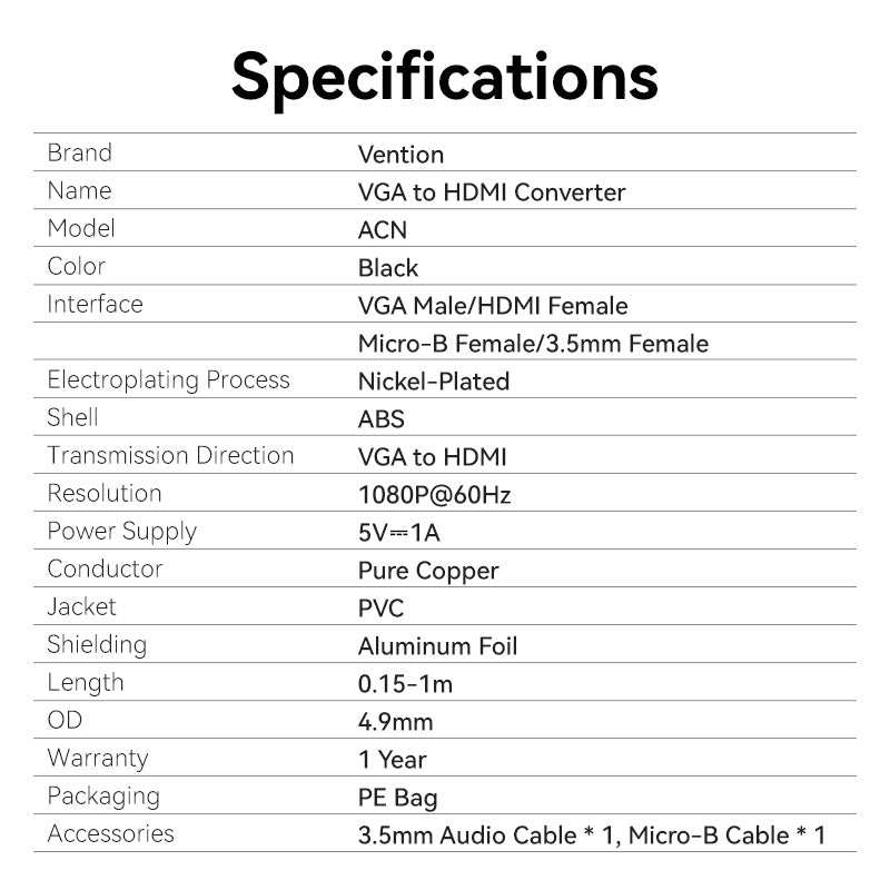 Vention VGA to HDMI Converter with Female Micro USB and Audio Port