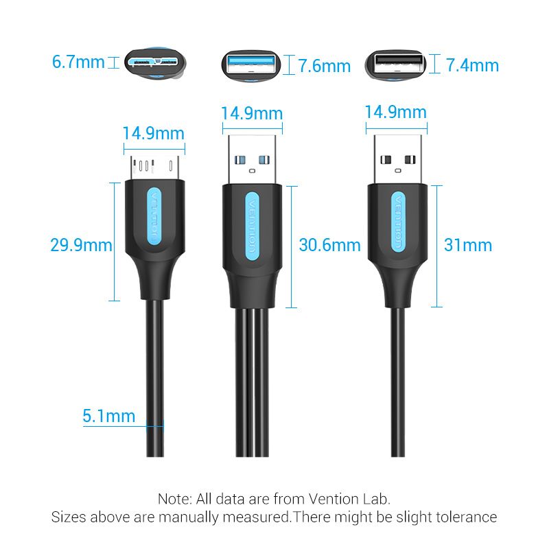 Câble USB 3.0 A mâle vers micro-B mâle avec alimentation USB 0,5/1 M, type PVC noir