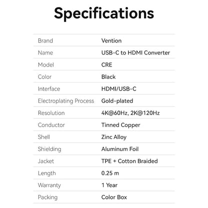 Vention  Cotton Braided USB-C to HDMI™ 4K Converter 0.25M Black Zinc Alloy Type