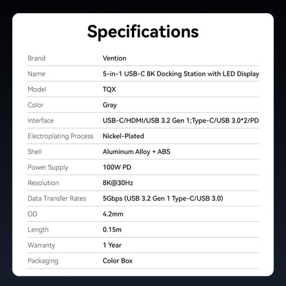 Vention 5'i 1 arada USB-C 8K LED Ekranlı Bağlantı İstasyonu