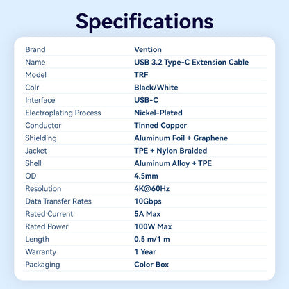 <tc>Vention</tc> Cable de extensión USB 3.2 Gen2 tipo C macho a C hembra de 10 Gbps, aleación de aluminio.