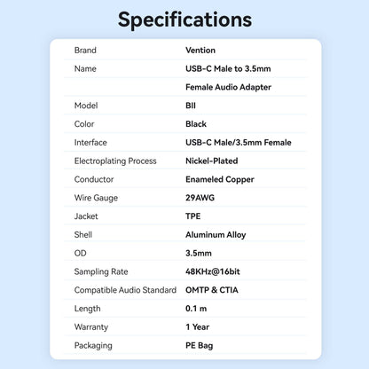Vention USB-C Male to 3.5mm Female Audio Adapter