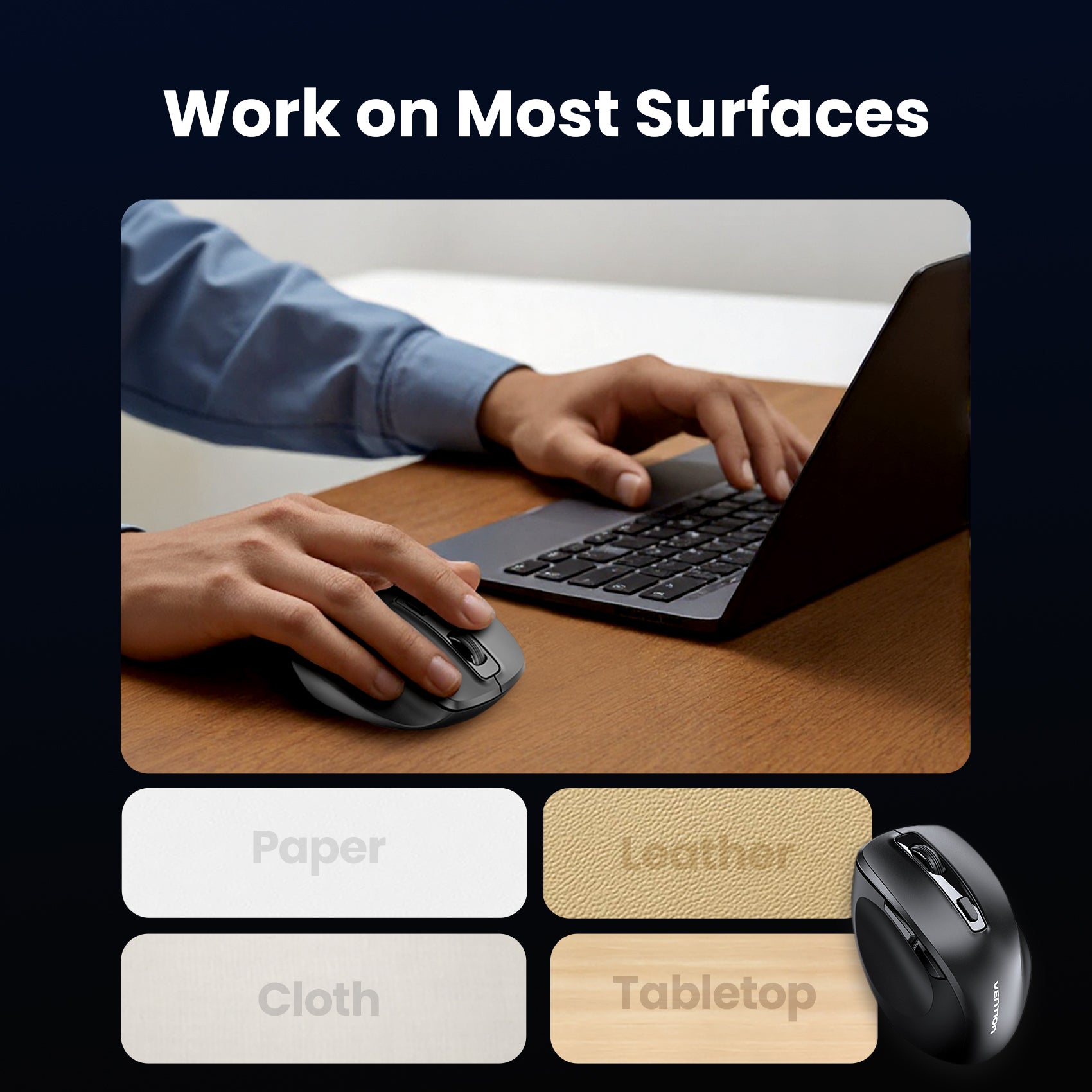 Vention 6-Button 2.4GHz Wireless Ergonomic Mouse Black Silent Type