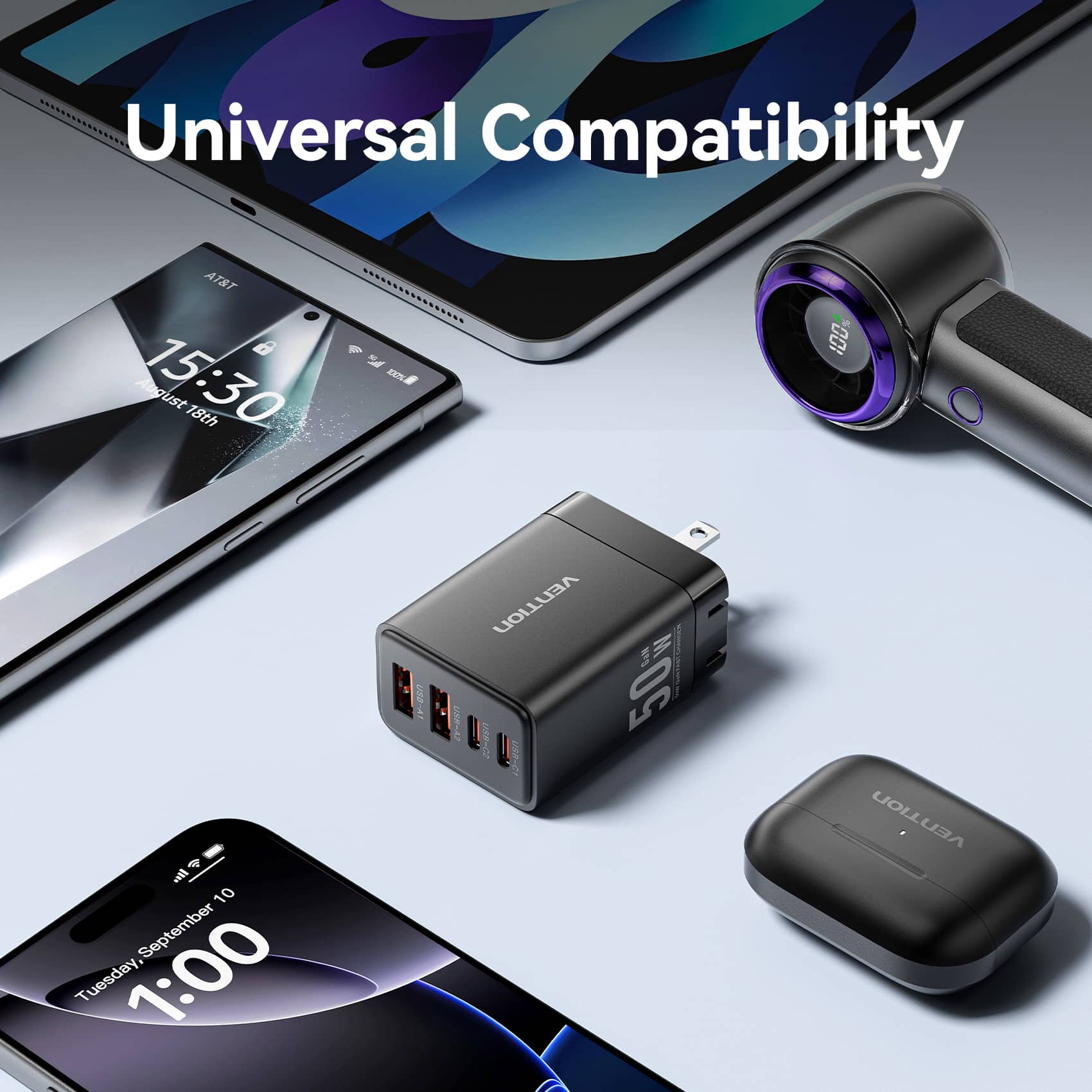 Vention 4-Port USB (C + C + A + A) GaN Charger (30W/20W/18W/18W) US Plug