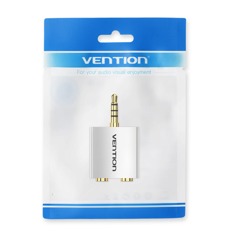 Vention 4 Pole 3.5mm Male to 2*3.5mm Female Audio Adapter Silvery Metal Type