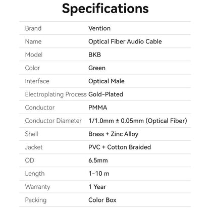 Vention Cotton Braided Optical Fiber Audio Cable 1/1.5/2/3/5/10M Green Copper Type