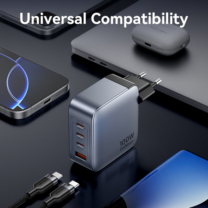 4-Port USB (C + C + A + A) Vention GaN Charger (100W/100W/30W/30W) Gray with USB-C to USB-C Cable (1M) Black EU-Plug