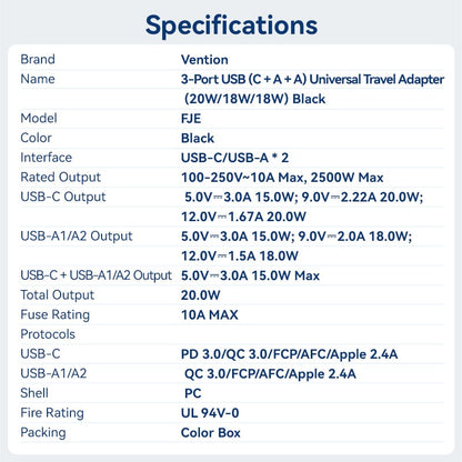 3-Port USB (C + A + A) Universal Travel Adapter (20W/18W/18W) Black