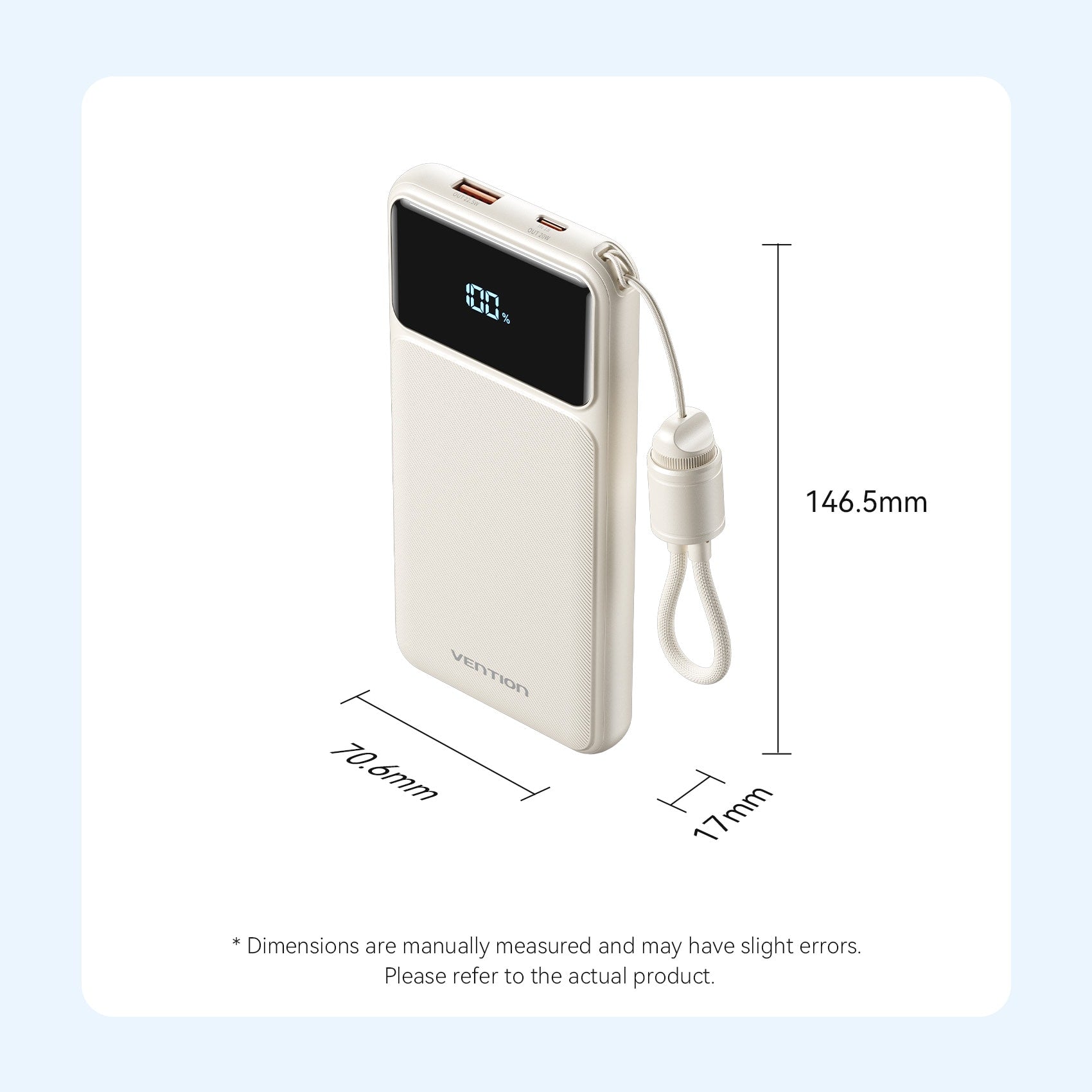 Vention 10000mAh Power Bank (USB-C + USB-A) with Built-in Cable 22.5W LED Display Type