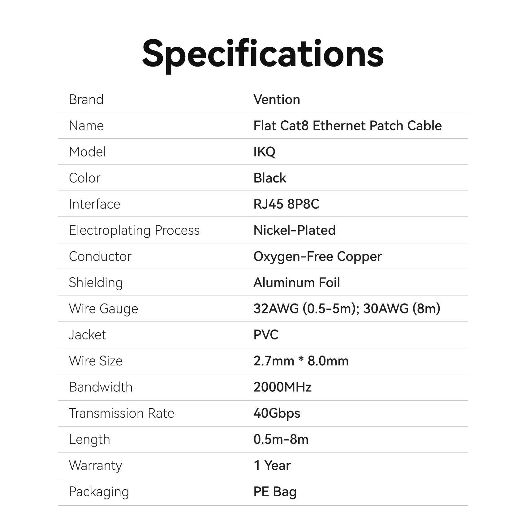Vention Flat Cat8 Ethernet Patch Cable