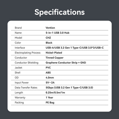 Vention USB 3.0 to USB 3.2 Gen 1 Type-C/USB 3.0*3/USB-C Desk Hub Black