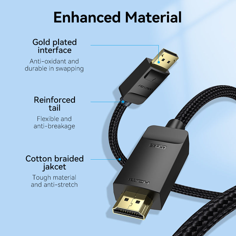 Vention cotton Braided 4K DP Male to HDMI-A Male HD Cable