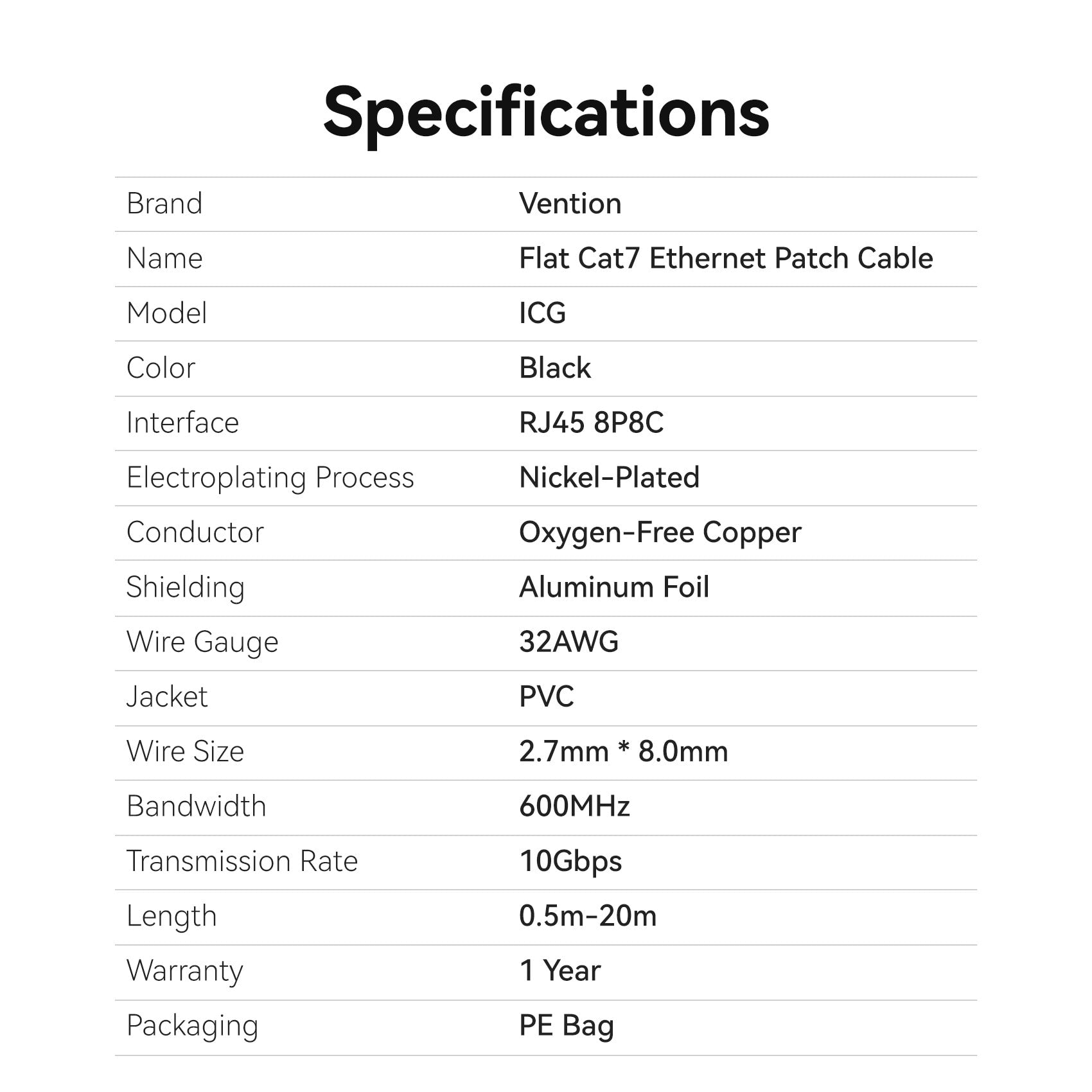 Vention Flat Cat.7 Ethernet Patch Cable Black