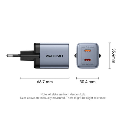 <tc>Vention</tc> Charger GaN USB (C + C) 2 Port (45W/45W) Steker EU Abu-abu