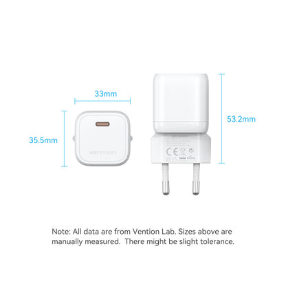 <tc>Vention</tc> Cargador GaN USB-C de 1 puerto y 30 W con enchufe europeo.