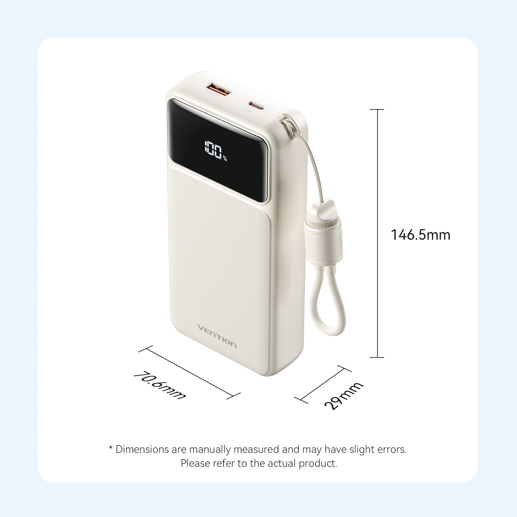 Vention 20000mAh Power Bank (USB-C + USB-A) with Built-in Cable 22.5W