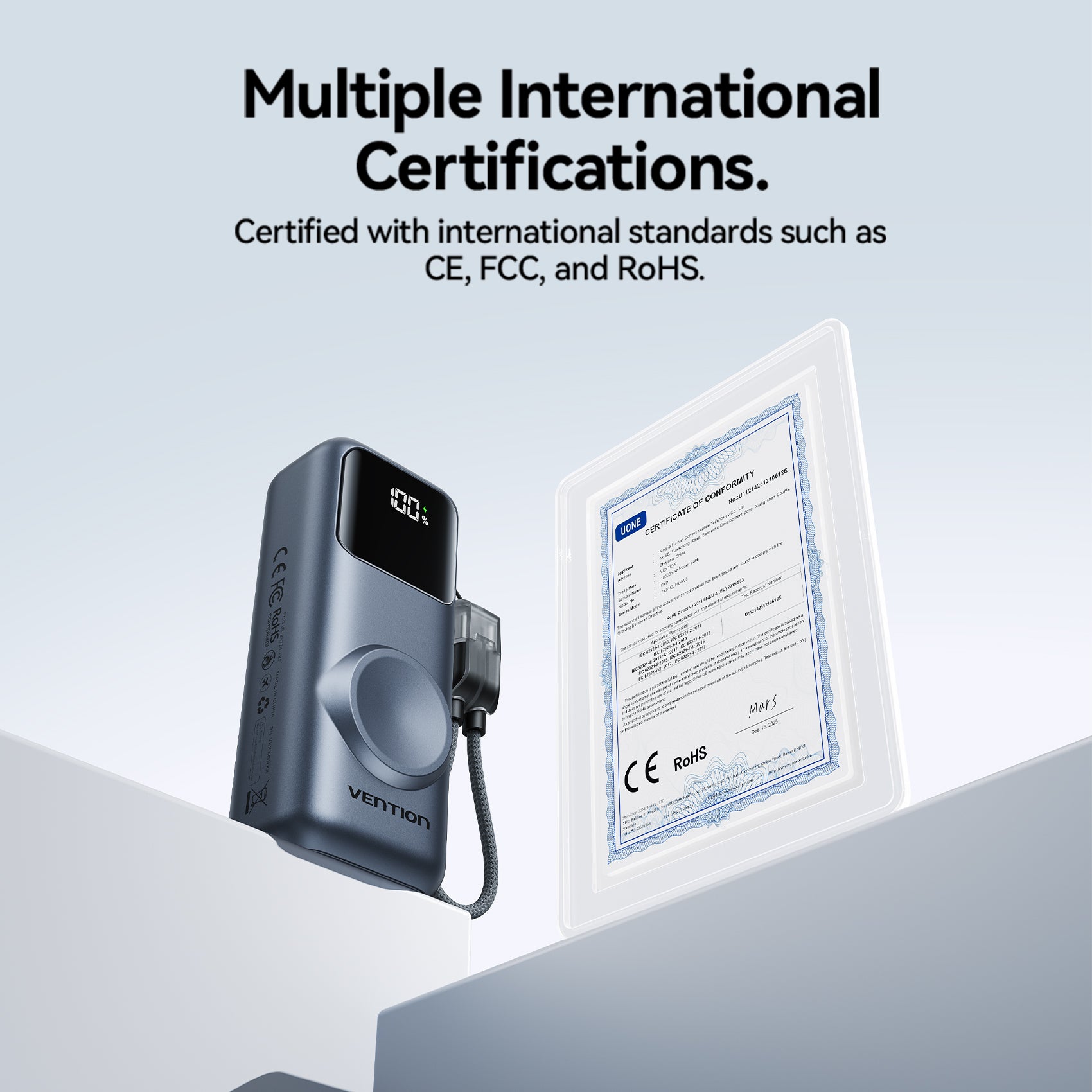 Vention Mini 10000mAh Power Bank (USB-C + USB-A) with Built-in USB-C  Cable and Apple Watch Charging Area 22.5W Gray LED Display Type