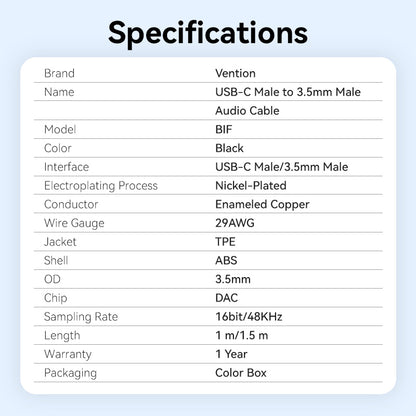 Vention USB-C Male to 3.5mm Male Audio Cable with DAC Adapter ABS Type