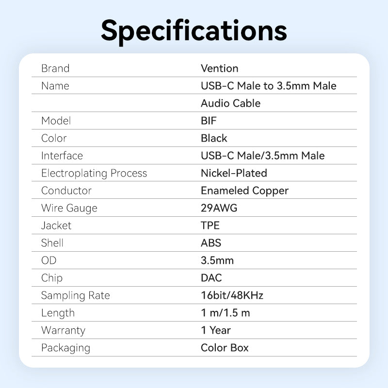 Vention USB-C Male to 3.5mm Male Audio Cable with DAC Adapter ABS Type