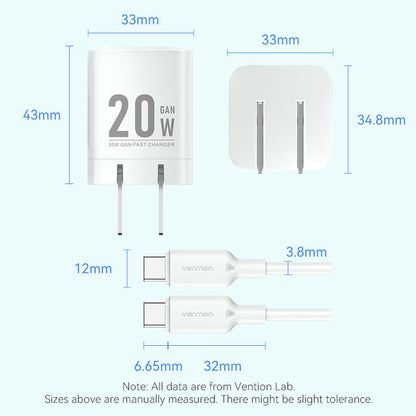 Vention 1-Port USB-C GaN Charger (20W) with USB-C to USB-C Cable (1M) US Plug