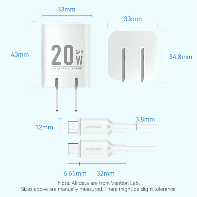 Vention 1-Port USB-C GaN Charger (20W) with USB-C to USB-C Cable (1M) US Plug