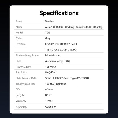 Vention LED Ekranlı 6'sı 1 arada USB-C 8K Bağlantı İstasyonu
