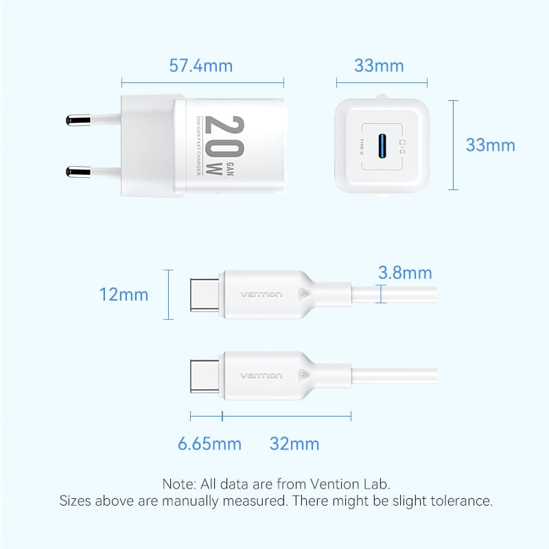 Vention 1-Port USB-C GaN Charger 20W with USB-C to USB-C Cable 1M EU-Plug