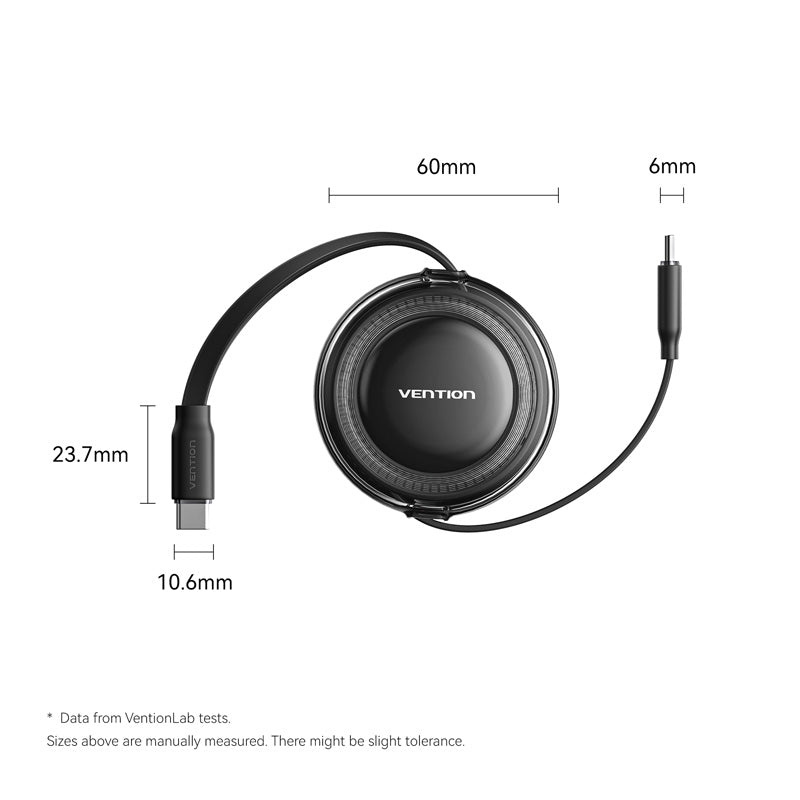 Vention USB 2.0 Type-C Male to Type-C Male 5A Retractable Cable 1M Black