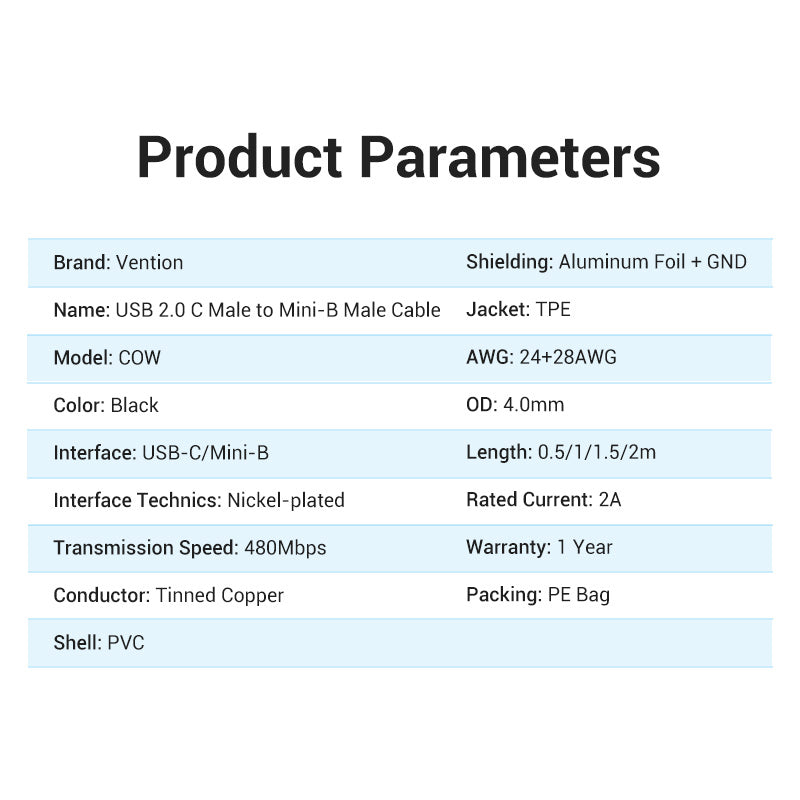 Vention USB 2.0 C Male to Mini-B Male 2A Cable