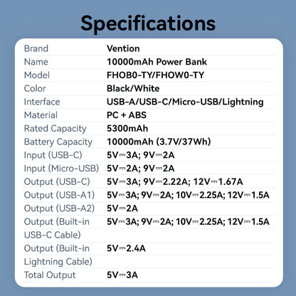 Vention 10000mAh Power Bank with Built-in USB-C and Lightning Cables 22.5W Black LED Display Universal Type