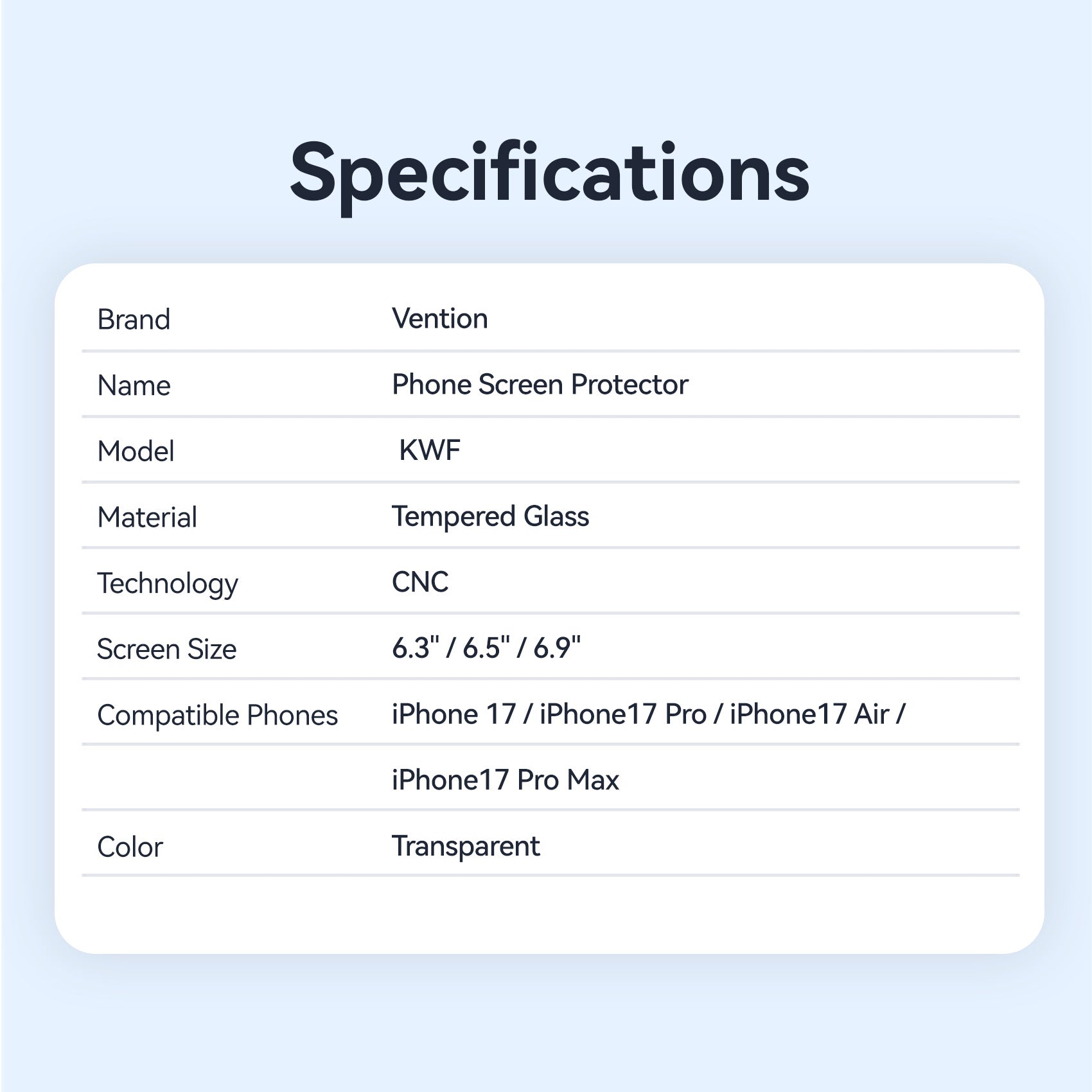 Vention HD Tempered Glass Screen Protector for iPhone 17/iPhone 17 Air/ iPhone 17 Pro/ iPhone 17 Pro