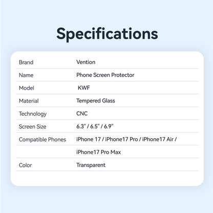 Vention HD Tempered Glass Screen Protector for iPhone 17/iPhone 17 Air/ iPhone 17 Pro/ iPhone 17 Pro