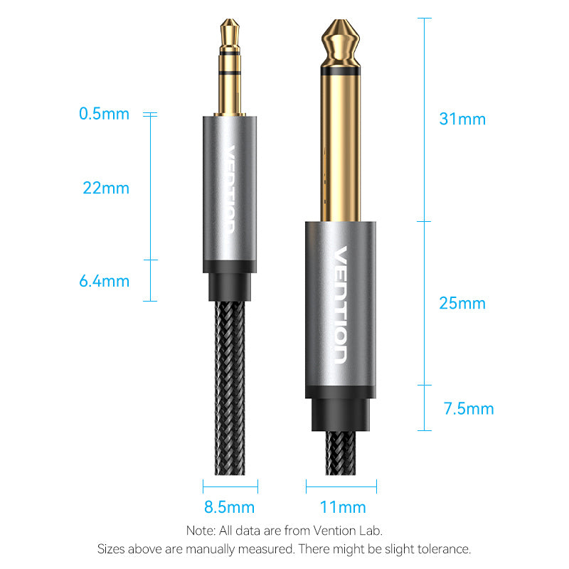 Vention Nylon Braided 3.5mm TRS Male to 6.35mm TS Male Audio Cable 1M Gray Aluminum Alloy Type