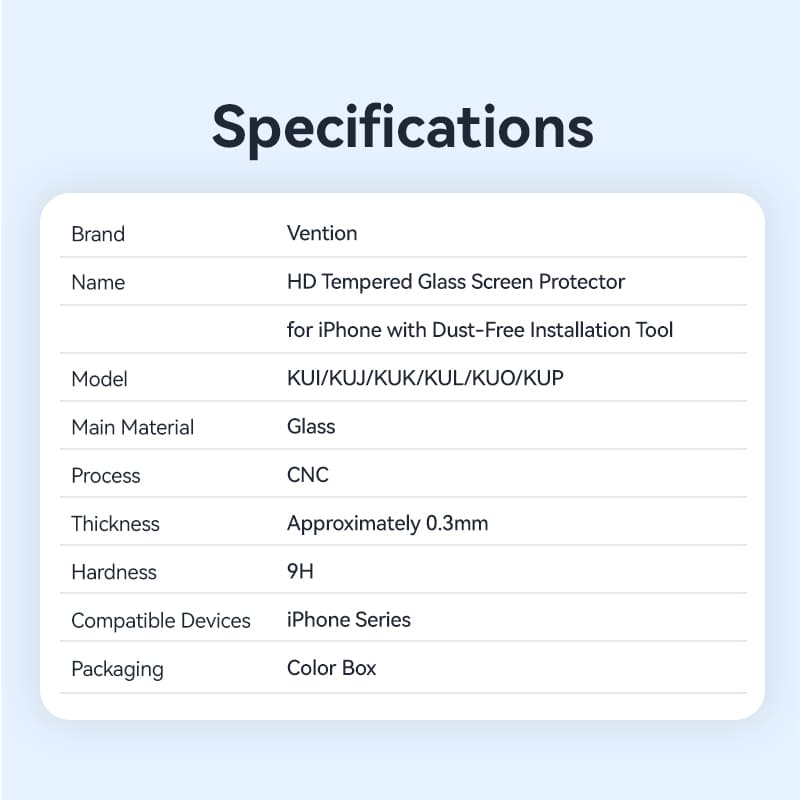 Protector de pantalla de vidrio templado Vention HD para iPhone 15 con herramienta de instalación sin polvo