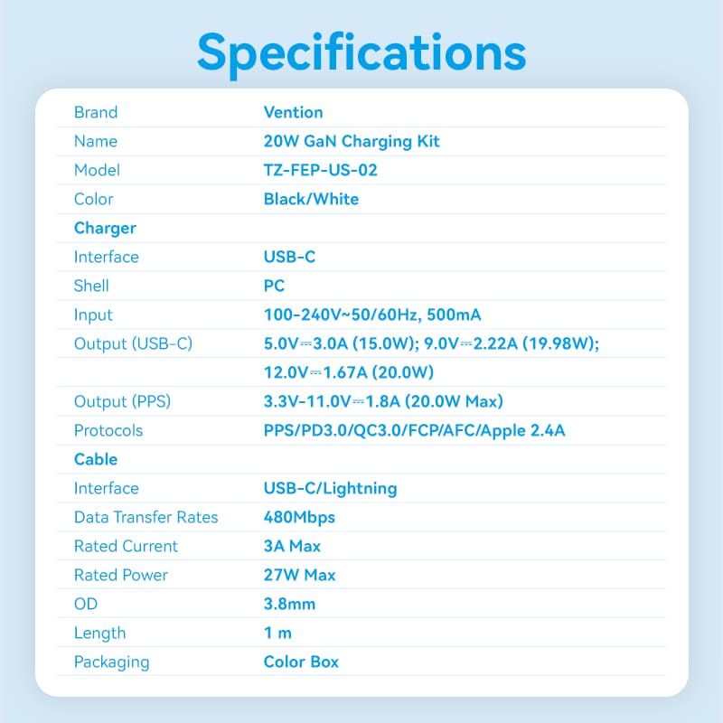 1-Port USB-C GaN Charger (20W) with USB-C to Lightning Cable (1M) US-Plug